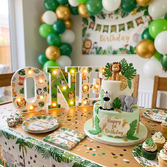 Tujoe Wild One Birthday Decorations Jungle Safari 8.5 Inch LED Light Up Letters for 1st Birthday Boy or Girl Animals First Table Centerpiece Backdrop Decor 1 Year Old Party Supplies