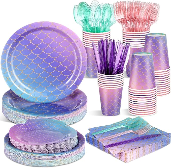 Blushtier 350 Pcs Mermaid Party Supplies Mermaids Themed Decorations Under the Sea Disposable Dinnerware Set Includes Plates Napkins Cups Spoons Fork Knives for Birthday Party (Multicolor)