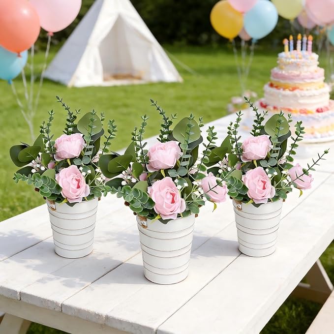 Artificial Flowers in Pot - 10 Inches Pre-Made Large Faux Silk Rose Floral Greenery Table Centerpieces with Rustic Tall Metal Vase for Farmhouse Home Decoration - Pink