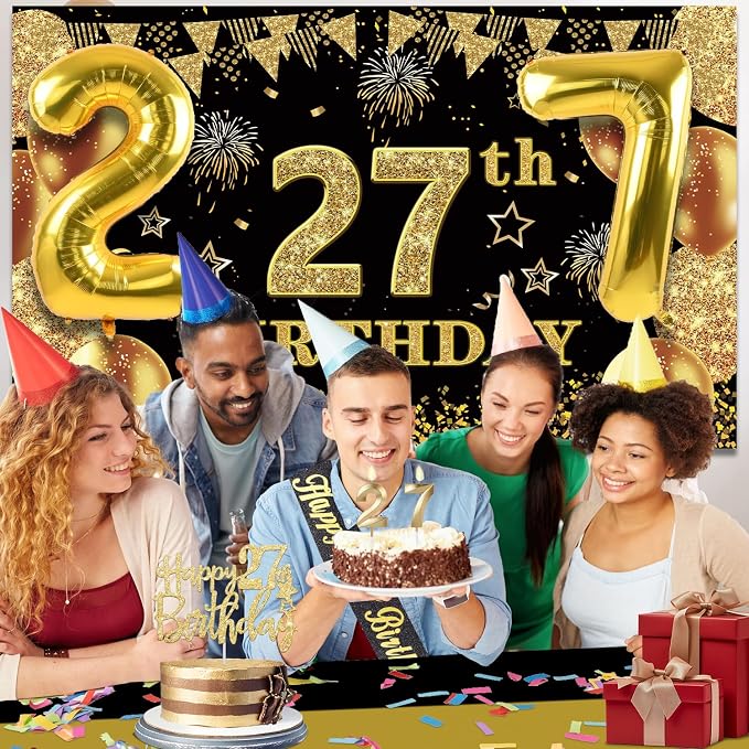 27th Birthday Decorations Men Women with 27th Birthday Banner, Black and Gold Table Cloth, Number Balloons, Large Sash, Cake Topper and Candles