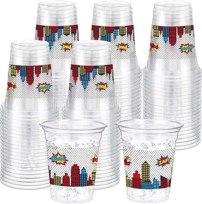 Funnymoom 60 Pack Plastic Hero Cups Comic Hero Birthday Party Decorations 12 oz Boom Pow Crash Zap Disposable Clear Plastic Cups Bulk for Comic Themed Birthday Party Decoration Favor Supplies