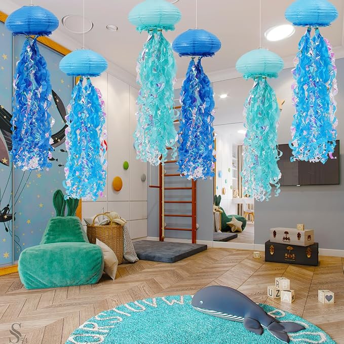 Mermaid Birthday Decorations, Jellyfish Paper Lanterns Hanging Jellyfish Decorations for Mermaid Baby Shower Under The Sea Blue Party Decorations Pack of 6 (Blue)
