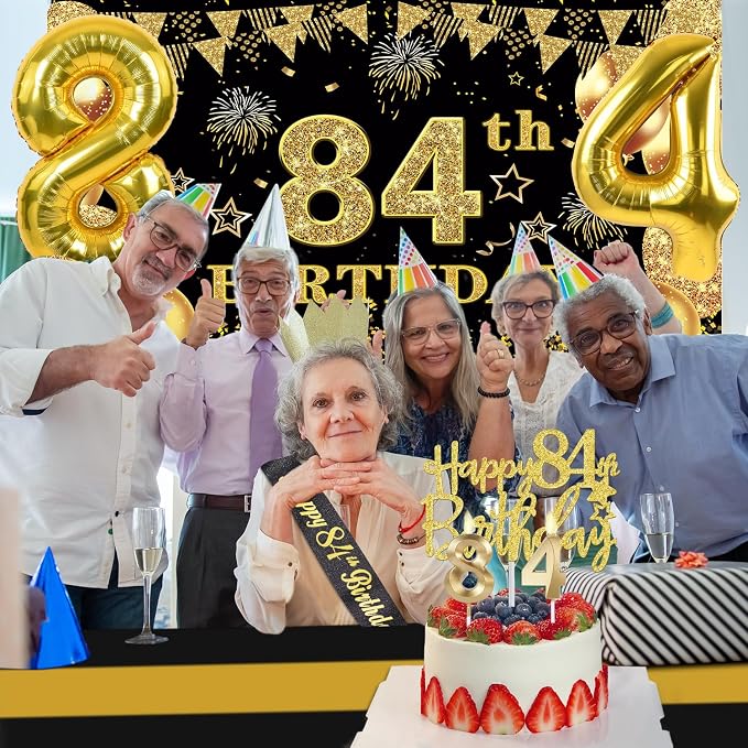 84th Birthday Decorations Men Women with 84th Birthday Banner, Black and Gold Table Cloth, Number Balloons, Large Sash, Cake Topper and Candles