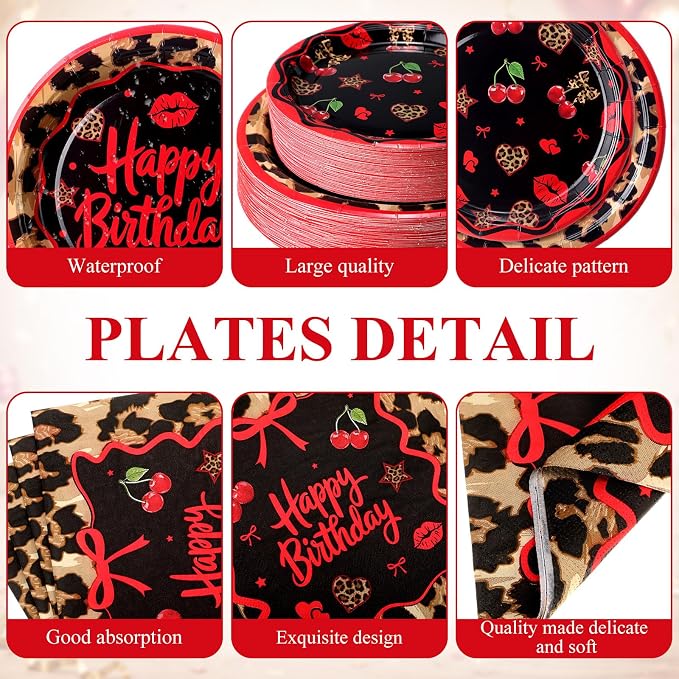 400 Pcs Red Cheetah Print Birthday Decoration for 50 Guests, Red and Black Cheetah Cherry Paper Plates Napkins Cups Cutlery Leopard Tableware for Y2K Girls Night Big Mama Party Supply