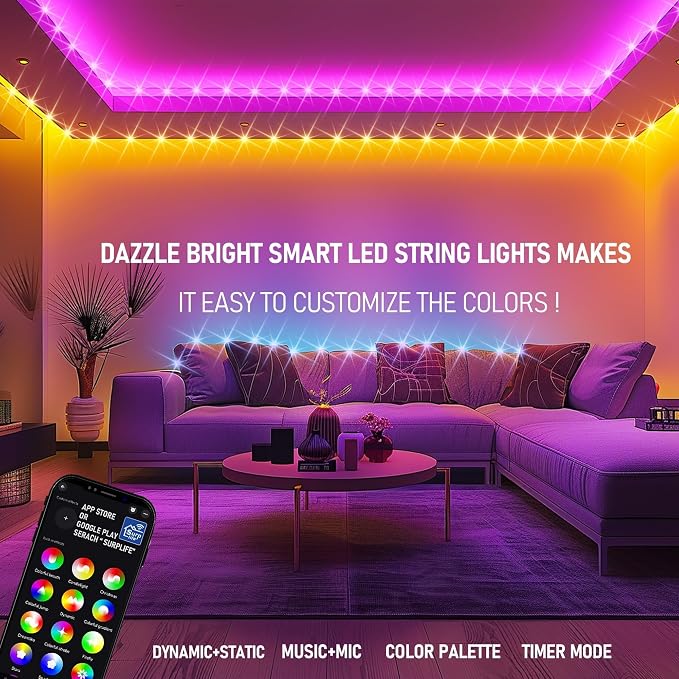 Dazzle Bright Smart Color Changing Christmas Lights, 66FT 200 LED RGB String Lights with Remote & App Controlled, Halloween 4th of July Decoration for Indoor Outdoor Holiday Xmas Tree Party Decor