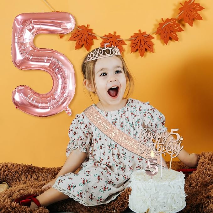 5th Birthday Decorations for Girls, Including 5th Birthday Sash and Tiara, Cake Topper and Candle, Number Balloon, 5 Year Old Girl Gifts