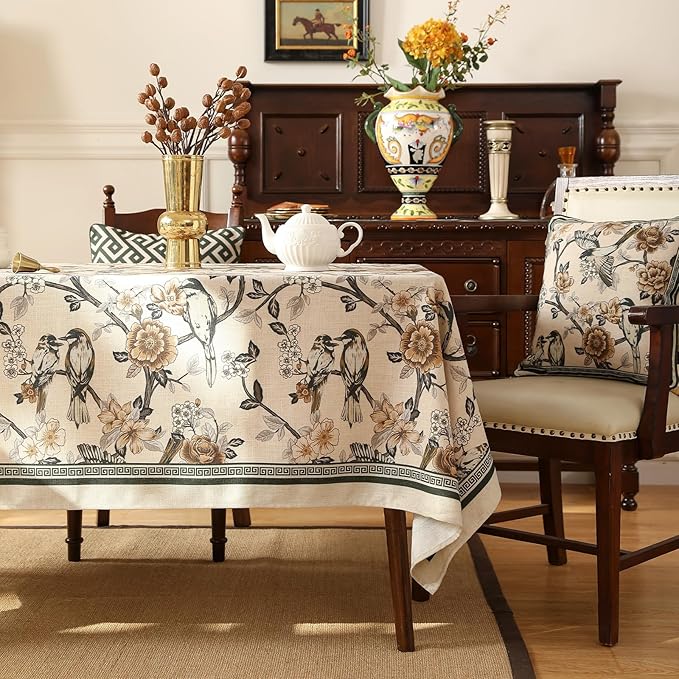 ISAENNE Designer Vintage Linen Square Large Tablecloth,67"x67"-Murad A | French Elegant Floral and Bird Pattern Beautiful Durable Table Cloth for Dining Tea Party Kitchen Thanksgiving,Decor
