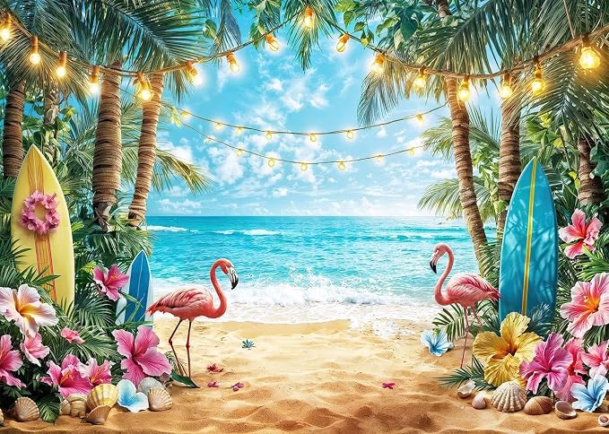 10x8ft Summer Hawaiian Beach Photography Backdrop Flamingo Tropical Flower Palm Leaves Background for Luau Aloha Party Decoration Banner Photo Booths