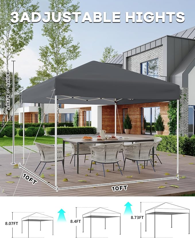 GarveeLife 10x10 Pop Up Canopy with One Sidewalls Easy Up Camping Tent with One Button Push Setup 1 Roller Bag 3 Adjustable Height 4 Weight Bags (New Grey, 10x10 + 1 Sidewall)