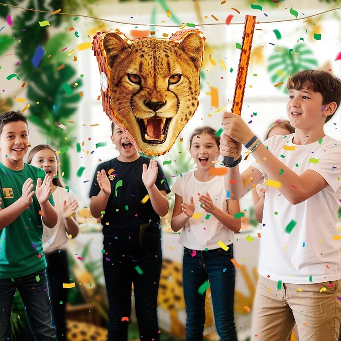 WERNNSAI Cheetah Piñata - Cheetah Party Decorations Jungle Leopard Piñata with Blindfold and Bat for Kids Boys Birthday Classroom Party Game Supplies Safari Birthday Decorations