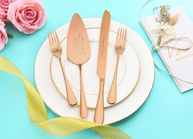 Wedding Cake Knife and Server Set, Rose Gold Cake Cutting Set for Wedding, 4 Pieces Set with Forks for Engagements, Anniversaries, Bride and Groom