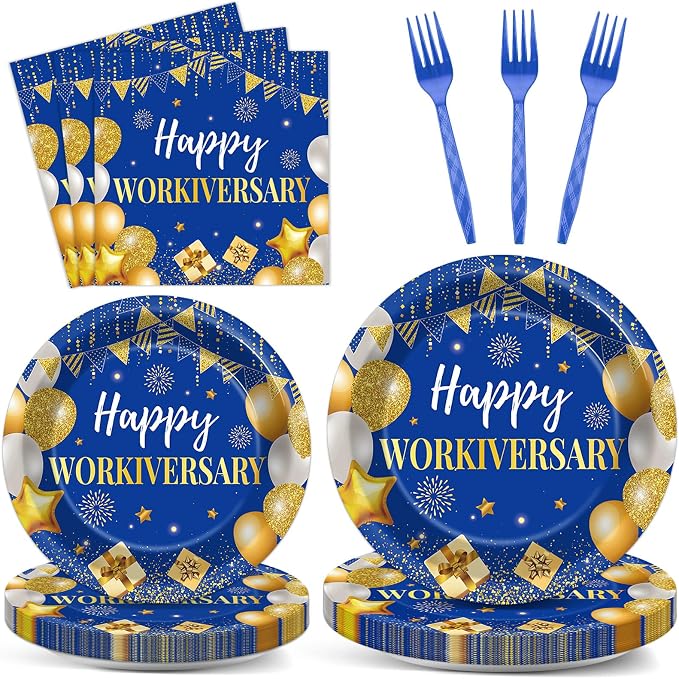 Justforjoyful 96Pcs Happy Work Anniversary Party Supplies Blue Gold Happy Workiversary Tableware Dinnerware Set Worker Appreciation Plates Napkins Decorations for Women Men Office Employee Worker