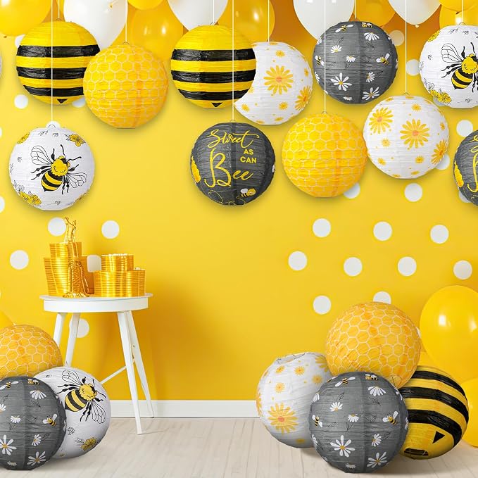 Panelee 12 Pcs Bee Party Decorations Paper Lanterns 8 Inch Hanging Round Hanging Paper Party Decorations for Holiday Indoor Outdoor Supplies