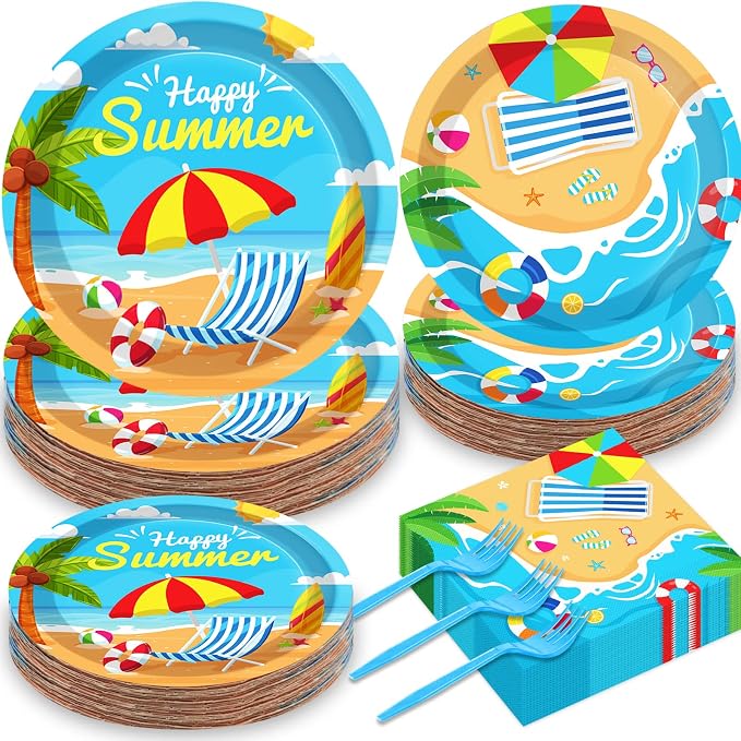 50 Guests Beach Plates and Napkins Party Supplies Summer Birthday Party Decorations Disposable Tableware Set Beach Dinnerware Favor for Kids, 200PCS