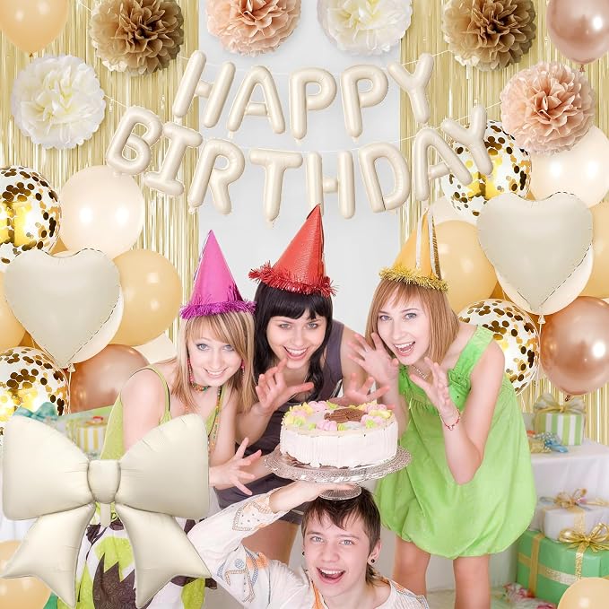 White Sand and Gold Birthday Decorations for Women Girls, Happy Birthday Balloon Banner with Bow and Heart Foil Balloons Fringe Curtain Tissue Paper Pompoms Garland Party Supplies