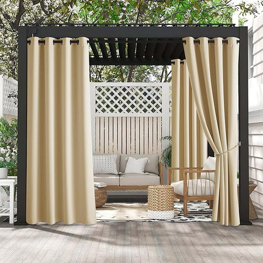 RYB HOME 2 Panels Fade Resistant Outdoor Curtains for Patio Waterproof Block Sunlight Thermal Insulated Privacy Thick Outside Curtains for Porch, Gazebo, Pergola, W52 x L108, Biscotti Beige