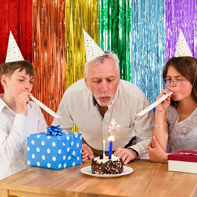 2 Pack Rainbow Party Backdrop Streamers Decorations Colorful Foil Fringe Curtains Metallic Tinsel Backdrop for Birthday First Day of School Engagement Baby Shower Christmas Holiday Party Decor