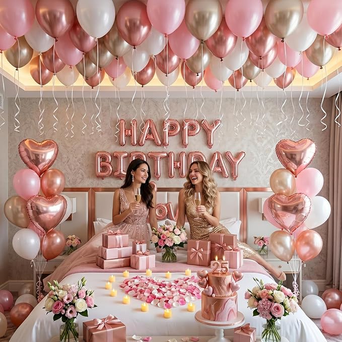Birthday Room Decorations for Women, Happy Birthday Hotel Room Decorations for Her with Rose Gold Balloons, LOVE Balloon, LED Candle Lights, Rose Petals, Girlfriend Pink Birthday Decorations Set