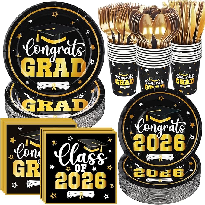 Funnymoom 400 Pcs Graduation Party Supplies Class of 2026 Graduation Paper Plate Napkin Cup Cutlery Congrats Grad Disposable Tableware Set for Grad Party Decorations, Serve 50(Black, Gold)