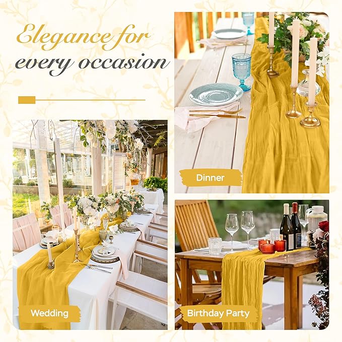 Cheesecloth Table Runner 8 Pack – 35x120 Inch (10ft) Boho Rustic Gauze Cloth Runners – Crinkle Polyester Table Decor for Wedding, Baby Shower, Bridal Shower, Birthday Party and More (Gold Yellow)