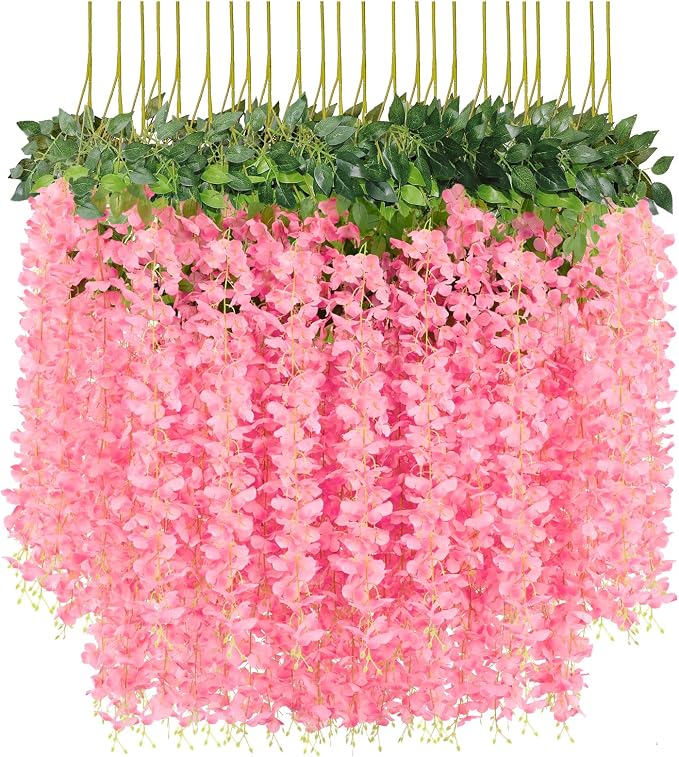 U'Artlines 24 Pack (Total 86.4 Feet) Artificial Fake Wisteria Vine Rattan Hanging Garland Silk Flowers String Home Party Wedding Decor (24, Fuchsia)