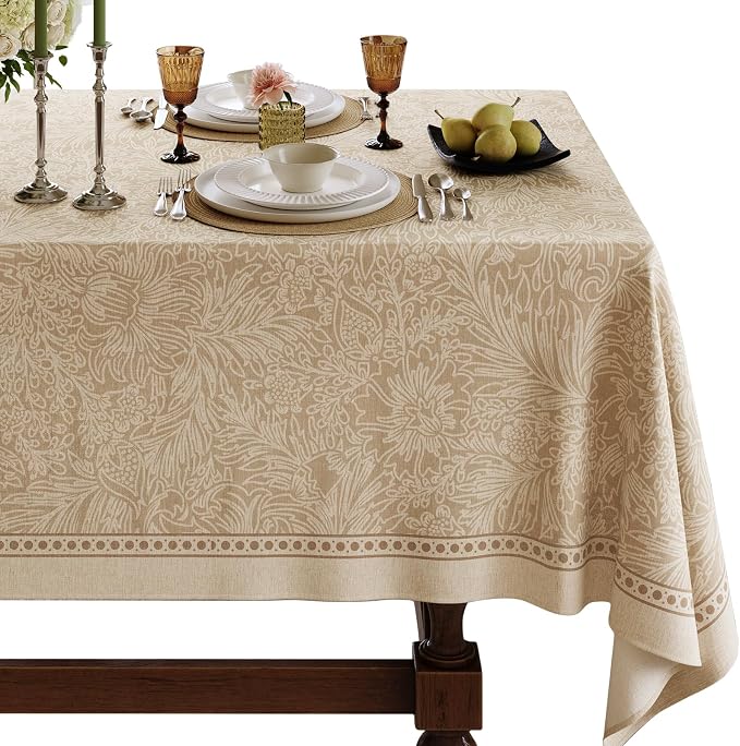 Beige Thick Linen Tablecloth for Rectangle Tables, Waterproof Wipeable Decorative Table Cover for Dining Kitchen Indoor Outdoor, 55" x 71", 4-6 Seats