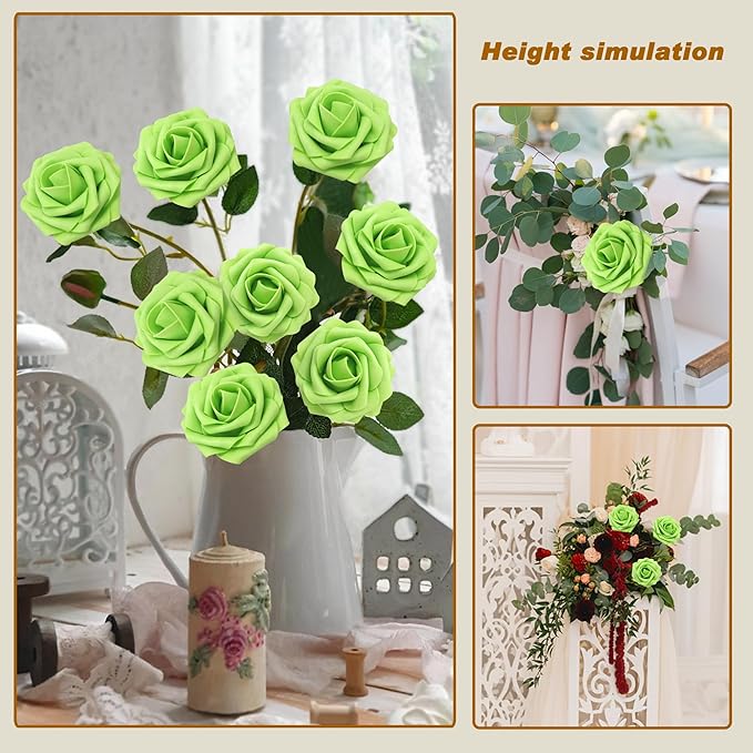 JOYLEX Artificial Flowers Realistic Roses, 25pcs Real Looking Fake Roses with Stem for DIY Wedding Bouquets Centerpieces Bridal Shower Party Home Romantic Decorations (Regular 3" - 25pcs, Green)