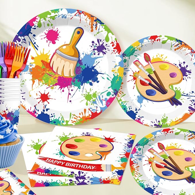 212pcs Paint Party Decorations for Kids and Art Lovers, Convenient Disposable Paper Tableware Set Includes 350gsm Plates and 2 PE Plastic Tablecloths for Paint Party and Celebration