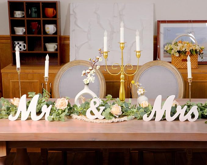 Canlierr 2pcs Large White Mr & Mrs Sign for Wedding Table with 5.91ft Artificial Flowers Garland, Wedding Centerpieces Wooden Bride and Groom Table Decorations for Engagement Decor (Champagne Rose)