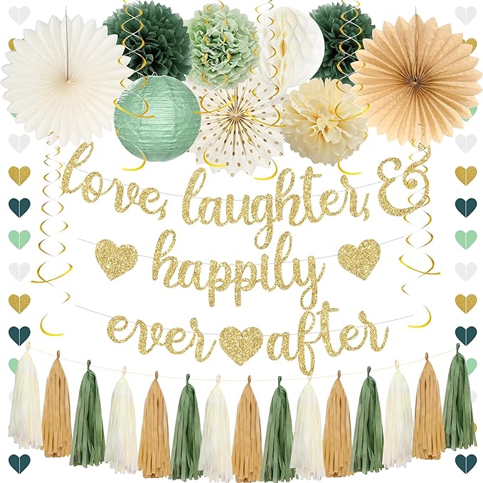 Roetyce Engagement Party Decorations, Green Gold Love Laughter & Happily Ever After Banner for Bridal Shower, Wedding Bachelorette Party Backdrop, Almost Married/Just Engaged Photo Background Decor