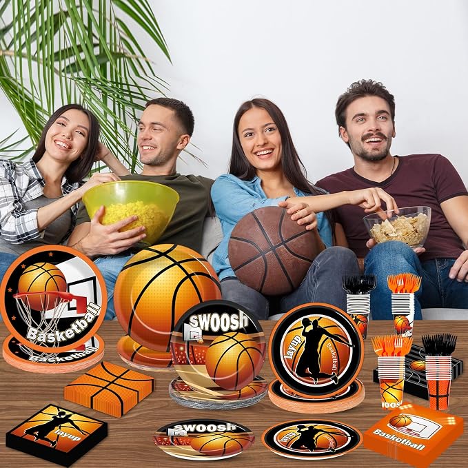 250 Pcs Basketball Birthday Party Decors Basketballs Disposable Party Tableware Sets Including Plates Cups Napkins Basketball Sports Theme Dinnerware for Sports Birthday Parties Supplies Serves 50