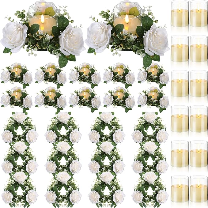 Yunlly 12 Pcs Rose Candle Rings with Flameless Candles Sets, Artificial Flower Eucalyptus Wedding Centerpiece 3 Inch Pillar Candleholders Wreaths for Wedding Party Mother's Day (White)