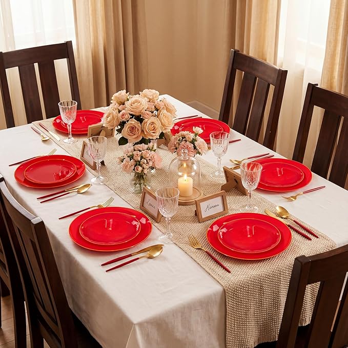 DaYammi 150Pcs Red Plastic Plates & Gold Cutlery with Red Handle,Red Disposable Plates Set Include 30 Dinner Plate, 30 Dessert Plate,30 Knives,30 Forks,30 Spoons for Mother's Day Party Wedding