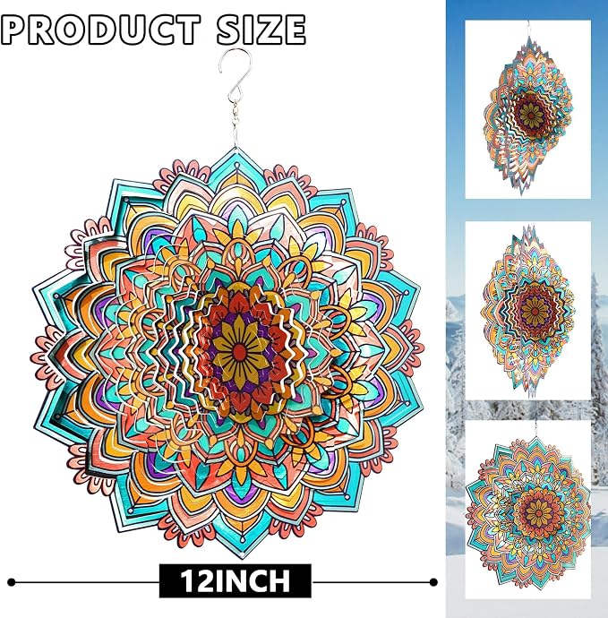 Mandala Daisy Wind Spinner - 12In 3D Kinetic Metal Wind Spinners, Stainless Steel Laser Cut Hanging Wind Sculpture, Indoor/Outdoor Garden & Yard Art Decor Gifts for Women, Men & Holidays