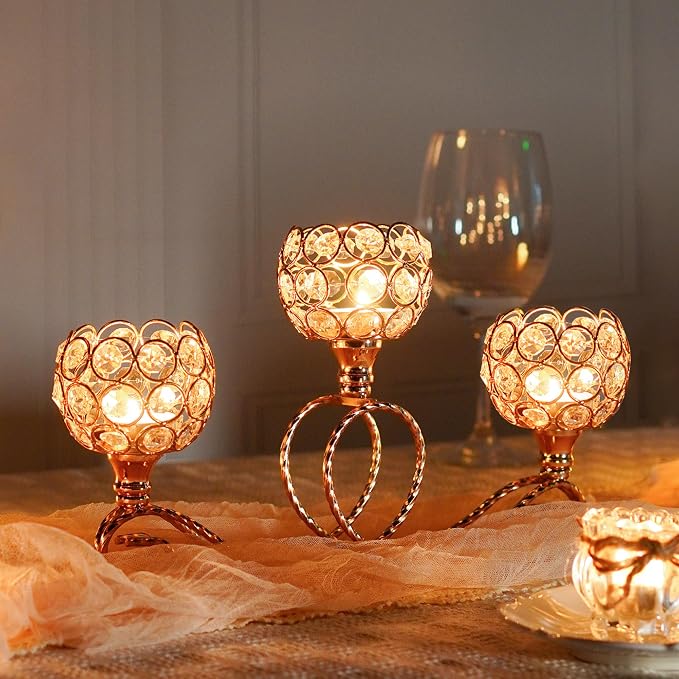 Gold 2 Pcs-3Arm Metal Crystal Tea Light Candle Holder, Elegant Wedding Table Centerpiece Candle Holder, Christmas Wishing Crystal Bowl Candle Holder Suitable for Wedding Party Living Room Decoration