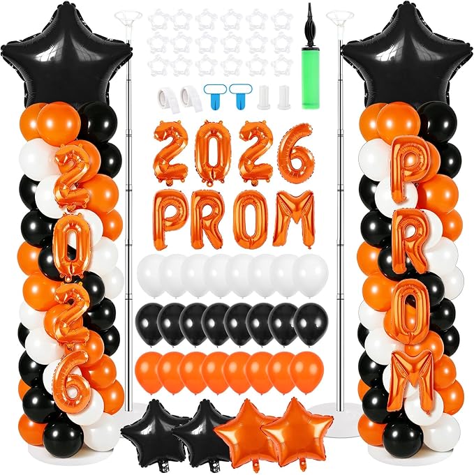 2 Sets Graduation Balloon Column Stand Kits with 132 PCS Orange Black White Latex Balloons 2026 Letters 6.5 Ft Adjustable Metal Tube Telescopic Tower Pillar with Base for Graduation Party Decoration