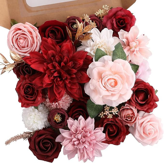 Garisey Artificial Flowers Combo, Mix Silk Flowers Roses, Peonies, Dahlias with Stems for DIY Wedding Bridal Bouquets, Baby Shower, Table Centerpieces, Home Decor, Fake Floral Arrangements-Red&Pink