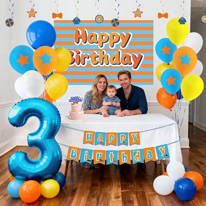 Cartoon Teacher Theme Party Supplies, 3rd Birthday Party Decorations for Boys Girls, Blue and Orange Theme with Number 2 Balloon, Backdrop, Banner, Balloons, Cake Topper, Hanging Swirl Party Supplies