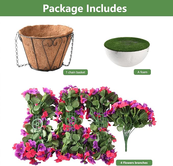 INQCMY Artificial Hanging Flowers Basket for Outdoor Summer Decoration,4pcs Faux Silk Begonia in Planter Look Real UV Resistant for Outside Home Porch Patio Balcony Yard Decor(Orchid Rose Red)
