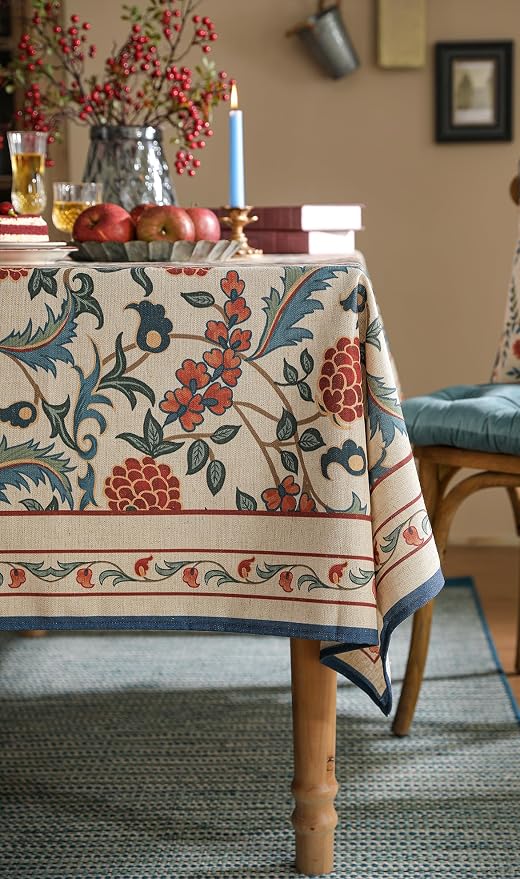 patdrea Elegant French Linen Tablecloth,Rectangular,118"x67"-Puno | Luxurious Long Table Cloth for Rectangle Table,Vintage Colorful Floral Design,Dining Room Kitchen Tea Party Decorations