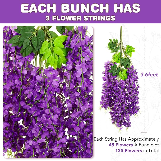 Alotiki Wisteria Hanging Flowers,Fake Hanging Flowers,Wisteria artificiales Garland for Home Wedding Arch Floral Party Garden Ceremony Outdoor Decor,3.6 feet Long(75,Purple)