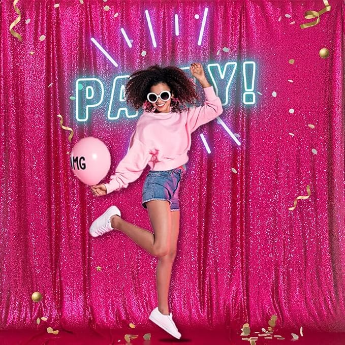 PartyDelight Hot Pink Sequin Backdrop 8x8ft 4 Inch Rod Pocket | 3mm stitched hot pink sequins on mesh backing with 4 inch rod pocket for group photos wedding walls stages and banquet focal