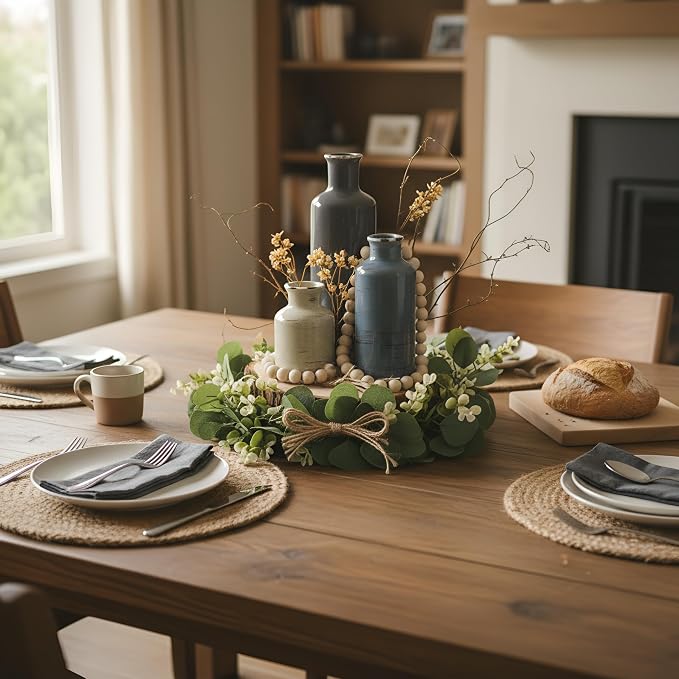 Geelin 6 Pcs Rustic Table Centerpieces, Set of 3 Boho Ceramic Vases, Wooden Serving Tray, Modern Farmhouse Wood Beads Garland Tassel, Artificial Greenery for Home Coffee Tabletop Decor(Morandi)