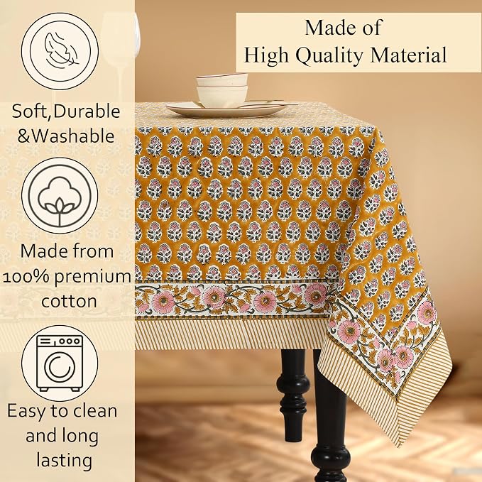 CPC Tablecloth 100% Cotton 70x118 Inch Indian Block Print Rectangle Table Cover, Table Cloth for Weddings, Spring/Summer, Barbeque - Yellow Citrine