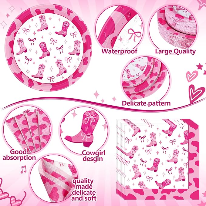 Pickmesh 400 Pcs Western Pink Cowgirl Party Plates and Napkin Decoration Disco Pink Coquette Bow Cowgirl Paper Tableware Cups Knives for Western Wedding Birthday Bachelorette Party Supplies Serve 50