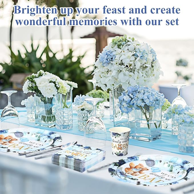 Funnymoom 250 Pcs We Can Bearly Wait Baby Shower Party Decorations Blue Paper Plates Napkins and Cups Bear Boy Party Tableware Set for Spring Baby Shower Gender Reveal Supplies, Serves 50
