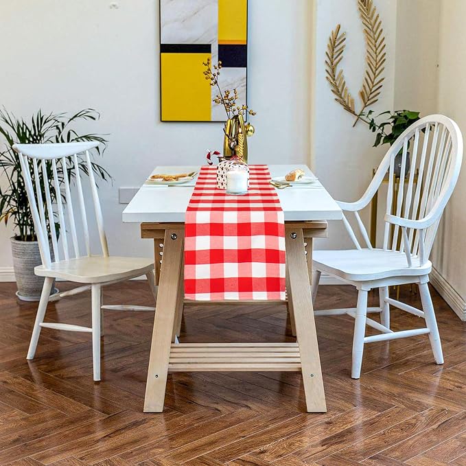 ShinyBeauty 6pcs Red & White Checked Table Runners 108 inches Long Classic Farmhouse Table Runner Buffalo Plaid Runners for Family Dinner Thanksgiving Decorations (13"x108")