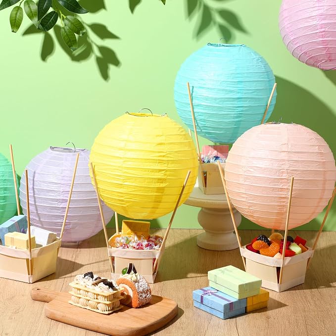 Namalu 24 Set Hot Air Balloon Table Centerpieces Baby Shower Party Decoration Paper Lanterns with Wooden Basket Sticks for Summer Birthday School DIY Craft(Macaron)