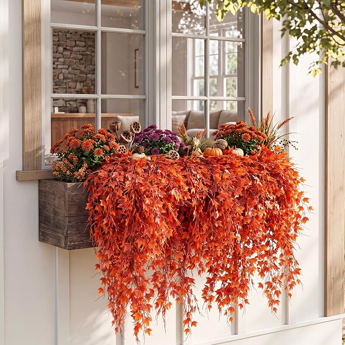 Daifunli 12 Pcs Artificial Fall Hanging Plants Fake Hanging Ferns Plastic Autumn Faux Plants for Wall Room Garden Garland Indoor Outdoor Decor No Basket (Maple Leaves)