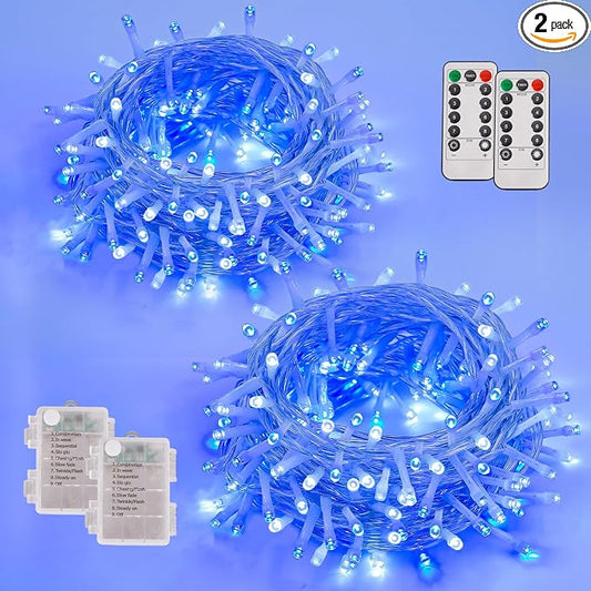 YEGUO Battery Operated String Lights, 2 Pack Each 33ft 100 LED Twinkle Fairy Lights Outdoor Waterproof, 8 Modes Clear Wire Blue and White Christmas Lights Indoor with Remote